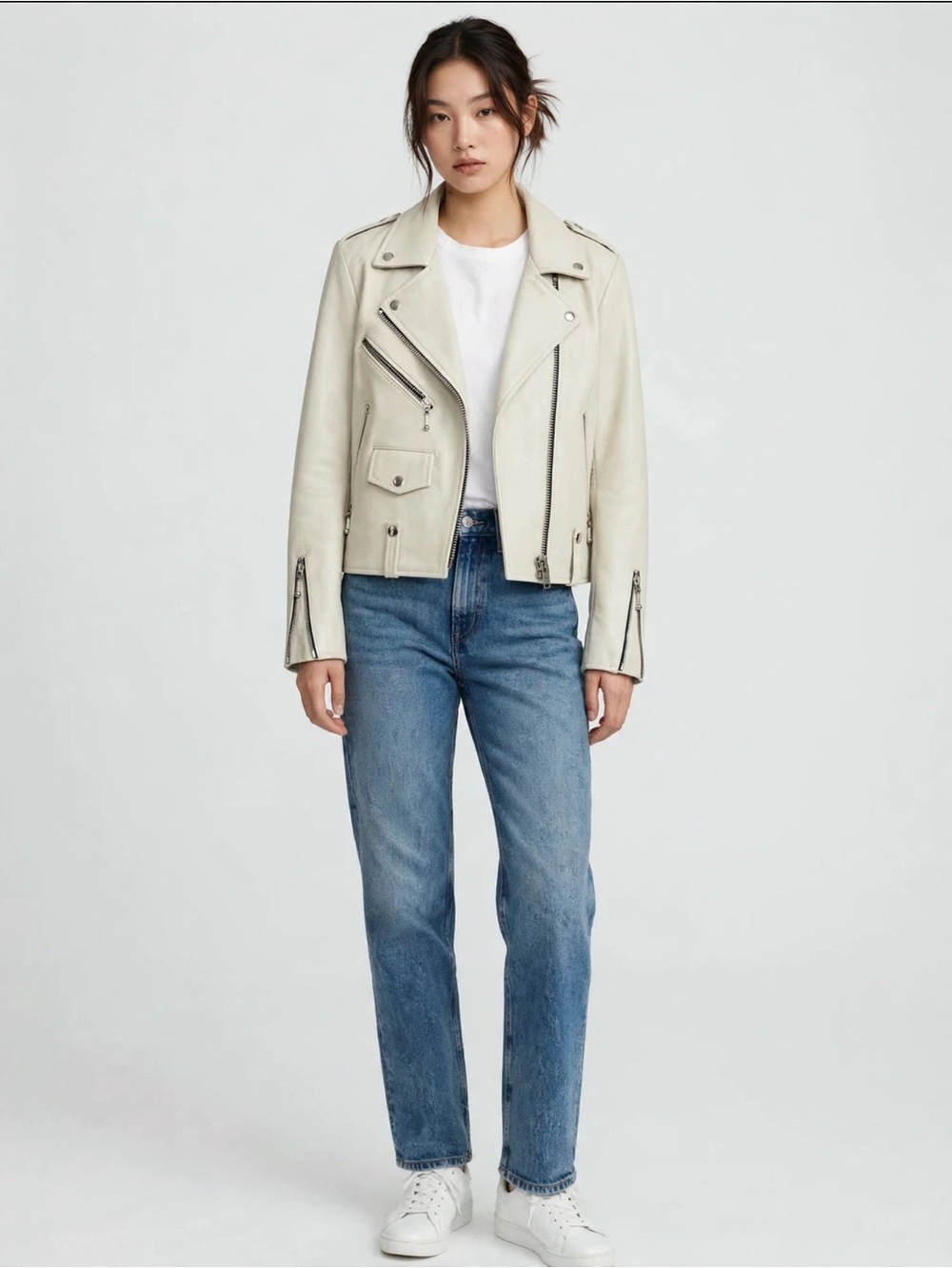 Straight to Hell Cream Leather Moto Jacket| Asymmetric Zip